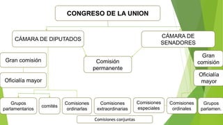CONGRESO DE LA UNION
CÁMARA DE DIPUTADOS
CÁMARA DE
SENADORES
Gran comisión
Oficialía mayor
Comisiones
extraordinarias
Comisiones
ordinarlas
comités
Grupos
parlamentarios
Grupos
parlamen.
Comisiones
ordinales
Comisiones
especiales
Oficialía
mayor
Gran
comisiónComisión
permanente
Comisiones conjuntas
 