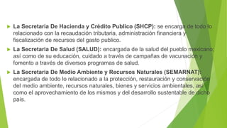 La Secretaria De Hacienda y Crédito Publico (SHCP): se encarga de todo lo
relacionado con la recaudación tributaria, administración financiera y
fiscalización de recursos del gasto publico.
 La Secretaria De Salud (SALUD): encargada de la salud del pueblo mexicano;
así como de su educación, cuidado a través de campañas de vacunación y
fomento a través de diversos programas de salud.
 La Secretaria De Medio Ambiente y Recursos Naturales (SEMARNAT):
encargada de todo lo relacionado a la protección, restauración y conservación
del medio ambiente, recursos naturales, bienes y servicios ambientales, así
como el aprovechamiento de los mismos y del desarrollo sustentable de dicho
país.
 