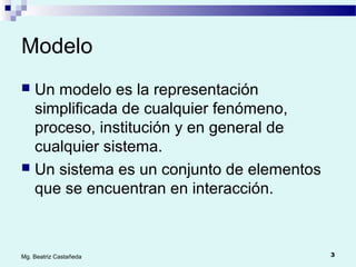 3Mg. Beatriz Castañeda
Modelo
 Un modelo es la representación
simplificada de cualquier fenómeno,
proceso, institución y en general de
cualquier sistema.
 Un sistema es un conjunto de elementos
que se encuentran en interacción.
 