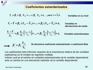 69Mg. Beatriz Castañeda
Coeficientes estandarizados
niparaXXY ikikii ,1,....221 =++++= εβββ Variables en su nivel
ikkikii XXXXYY εββ +−++−=− )(....)( 222 Variables en
desviaciones de media
( ) ( ) iS
XiX
Y
kS
XiX
YY
i
X
kX
X
X
S
S
S
S
S
YY
εββ +++=
− −−
22
2 2222
2 .... Variables estandarizadas
Y
X
j
S
S j
j
ββ =* Se denomina coeficiente estandarizado o coeficiente Beta
Los coeficientes beta informan respecto de la importancia relativa de las variables
explicativas en el modelo de regresión múltiple.
Indican cual es el cambio en unidades estandarizadas de la variable dependiente
ante un cambio en una desviación estándar de la variable dependiente.
 