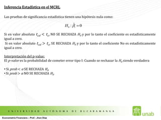 Mínimos Cuadrados OrdinariosInterpretación de Coeficientes y Forma FuncionalLos estimadores       (menos la constante) tienen interpretación de efecto parcial. Para un modelo como…El coeficiente       es el valor pronosticado para        cuando               Ahora bien, si…Econometría Financiera – Prof.: Jhon Díaz