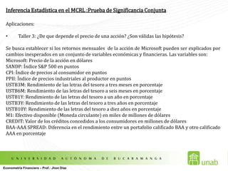 Mínimos Cuadrados OrdinariosInterpretación de Coeficientes y Forma FuncionalNo siempre las variables se miden en sus unidades naturales ó lo que llamaremos en niveles. En ocasiones, las tasas de crecimiento o los crecimientos porcentuales de las variables resultan más útiles desde el punto de vista práctico. Diferentes formas funcionales dan lugar a diferentes interpretaciones de los coeficientes.  El comando log hace referencia al lnEconometría Financiera – Prof.: Jhon Díaz