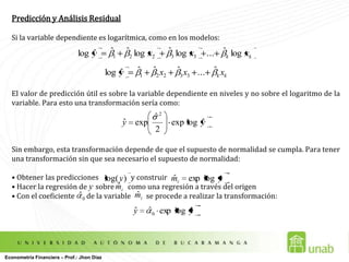  EficienciaTeorema de Gauss Markov:Dados los supuestos del modelo de regresión lineal, los 	estimadores de mínimos cuadrados ordinarios, dentro de la clase de estimadores 	lineales insesgados, tienen varianza mínima; es decir, son MELI. 	Teorema de Insesgamiento: Bajo los supuestos SRLM1 al SRLM4 se tiene que: 	Teorema Varianza Muestrales de los Estimadores de MCO: Bajo los SRLM1 a 	SRLM5 se tiene que:Econometría Financiera – Prof.: Jhon Díaz