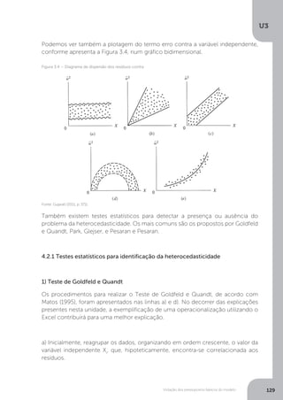 Violação dos pressupostos básicos do modelo
U3
129
Podemos ver também a plotagem do termo erro contra a variável independente,
conforme apresenta a Figura 3.4, num gráfico bidimensional.
Também existem testes estatísticos para detectar a presença ou ausência do
problema da heterocedasticidade. Os mais comuns são os propostos por Goldfeld
e Quandt, Park, Glejser, e Pesaran e Pesaran.
4.2.1 Testes estatísticos para identificação da heterocedasticidade
1) Teste de Goldfeld e Quandt
Os procedimentos para realizar o Teste de Goldfeld e Quandt, de acordo com
Matos (1995), foram apresentados nas linhas a) e d). No decorrer das explicações
presentes nesta unidade, a exemplificação de uma operacionalização utilizando o
Excel contribuirá para uma melhor explicação.
a) Inicialmente, reagrupar os dados, organizando em ordem crescente, o valor da
variável independente Xi
, que, hipoteticamente, encontra-se correlacionada aos
resíduos.
Figura 3.4 – Diagrama de dispersão dos resíduos contra
Fonte: Gujarati (2011, p. 371).
 