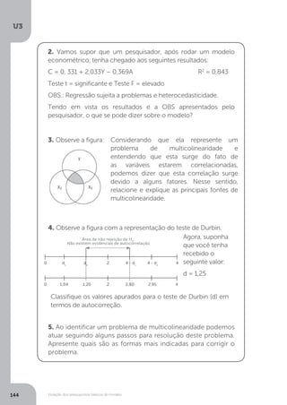 Violação dos pressupostos básicos do modelo
U3
144
3. Observe a figura:
4. Observe a figura com a representação do teste de Durbin.
5. Ao identificar um problema de multicolinearidade podemos
atuar seguindo alguns passos para resolução deste problema.
Apresente quais são as formas mais indicadas para corrigir o
problema.
2. Vamos supor que um pesquisador, após rodar um modelo
econométrico, tenha chegado aos seguintes resultados:
C = 0, 331 + 2,033Y – 0,369A 			 R2
= 0,843
Teste t = significante e Teste F = elevado
OBS.: Regressão sujeita a problemas e heterocedasticidade.
Tendo em vista os resultados e a OBS apresentados pelo
pesquisador, o que se pode dizer sobre o modelo?
Considerando que ela represente um
problema de multicolinearidade e
entendendo que esta surge do fato de
as variáveis estarem correlacionadas,
podemos dizer que esta correlação surge
devido a alguns fatores. Nesse sentido,
relacione e explique as principais fontes de
multicolinearidade.
Agora, suponha
que você tenha
recebido o
seguinte valor:
d = 1,25
Classifique os valores apurados para o teste de Durbin (d) em
termos de autocorreção.
Área de não rejeição de H0
:
Não existem evidências de autocorrelação
0 dL
du
2 4 - dL
4 - du
4
0 1,04 1,20 2 2,80 2,95 4
 