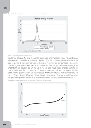 Ferramentas e aplicações da econometria
U4
164
Fonte: A autora (utilização do software Stata)
Figura 4.1 – Distribuição dos erros da regressão versus distribuição normal
Figura 4.2 – Análise dos resíduos da regressão e identificação de outliers
Conforme a Figura 4.2 (A e B), parece haver uma anormalidade maior na distribuição
intermediária dos dados. Conforme a Figura 2 (C e D), confirma-se que a distribuição
dos erros não é bem-comportada, a árvore se mostra mais concentrada na copa. E
pelo da Figura 5 do anexo, percebemos que os maiores problemas de leverage se
encontram nos estados de SP, RJ, CE e PE. Em São Paulo existe grande número de
matriculados, escolas com grande número de salas com número de aprovados três
vezes menor que o número de matriculados, mesmo ocorrendo no Rio de Janeiro. Já
para o Ceará há uma diferença interna nas escolas entre o número de matriculados e
de aprovados para quase todas as escolas, o mesmo se verifica em Pernambuco.
 