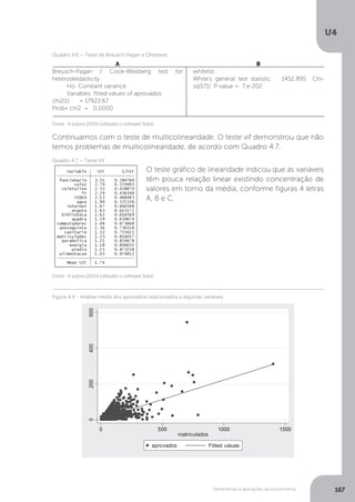 Ferramentas e aplicações da econometria
U4
167
Continuamos com o teste de multicolinearidade. O teste vif demonstrou que não
temos problemas de multicolinearidade, de acordo com Quadro 4.7.
O teste gráfico de linearidade indicou que as variáveis
têm pouca relação linear existindo concentração de
valores em torno da média, conforme figuras 4 letras
A, B e C.
Fonte: A autora (2015) (utilizado o software Stata).
Quadro 4.7 – Teste Vif
Figura 4.4 - Análise média dos aprovados relacionados a algumas variáveis
A
Breusch-Pagan / Cook-Weisberg test for
heteroskedasticity
Ho: Constant variance
Variables: fitted values of aprovados
chi2(1) = 17922.67
Prob> chi2 = 0.0000
B
whitetst
White's general test statistic : 1452.895 Chi-
sq(171) P-value = 7.e-202
Fonte: A autora (2015) (utilizado o software Stata).
Quadro 4.6 – Teste de Breusch Pagan e Qhitetest
 