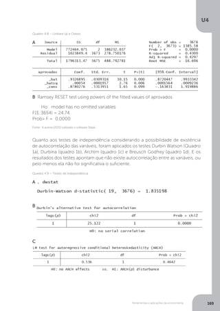 Ferramentas e aplicações da econometria
U4
169
A
B Ramsey RESET test using powers of the fitted values of aprovados
Ho: model has no omitted variables
F(3, 3654) = 24.74
Prob> F = 0.0000
A
B
C
Quanto aos testes de independência considerando a possibilidade de existência
de autocorrelação das variáveis, foram aplicados os testes Durbin Watson (Quadro
1a), Durbina (quadro 1b), Archlm (quadro 1c) e Breusch Godfrey (quadro 1d). E os
resultados dos testes apontam que não existe autocorrelação entre as variáveis, ou
pelo menos ela não foi significativa o suficiente.
Fonte: A autora (2015) (utilizado o software Stata).
Quadro 4.8 – Linktest (a) e Ovtest
Quadro 4.9 – Testes de independência
 
