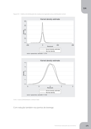 Ferramentas e aplicações da econometria
U4
173
Fonte: A autora (2015)(utilizado o software Stata).
Figura 4.5 – Gráfico de distribuição dos resíduos da regressão versus distribuição normal
Com redução também nos pontos de leverege.
 