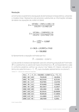 Modelo linear geral e inclusão de variáveis especiais
U2
73
Resolução
a) Estimando os parâmetros da equação de demanda por energia elétrica, utilizando
o modelo linear. Realizamos este processo substituindo as informações retiradas
da tabela nas equações de a (alfa) e b (beta).
b) Apresentando a equação estimada que fica:
^
Y = 158,8092 – 0,5567 X
c) Calculando os resíduos da regressão: para isto utilizamos a equação de Y estimado
(^
Y ) e substituímos os valores de X para encontrarmos o ^
Y i
correspondente a cada
Xi
conforme podemos verificar na coluna 4 da Tabela 2.3. Depois calculamos o
termo erro pela fórmula ei
= Yi
- ^
Y i
cujos resultados apresentamos na coluna 5.
Fonte: A autora (2015).
Tabela 2.3 – Cálculo dos resíduos da regressão
 