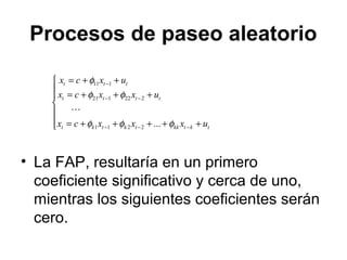 Procesos de paseo aleatorio
• La FAP, resultaría en un primero
coeficiente significativo y cerca de uno,
mientras los siguientes coeficientes serán
cero.







+++++=
+++=
++=
−−−
−−
−
tktkktktkt
tttt
ttt
uxxxcx
uxxcx
uxcx
φφφ
φφ
φ
...2211
222121
111

 
