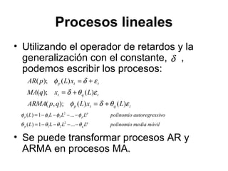 Procesos lineales
• Utilizando el operador de retardos y la
generalización con el constante, ,
podemos escribir los procesos:
• Se puede transformar procesos AR y
ARMA en procesos MA.
δ
tqtp
tqt
ttp
LxLqpARMA
LxqMA
xLpAR
εθδφ
εθδ
εδφ
)()();,(
)();(
)();(
+=
+=
+=
móvilmediapolinomioLLLL
sivoautoregrespolinomioLLLL
q
qp
p
pp
θθθθ
φφφφ
−−−−=
−−−−=
...1)(
...1)(
2
21
2
21
 