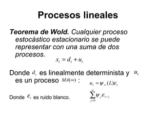 Procesos lineales
Teorema de Wold. Cualquier proceso
estocástico estacionario se puede
representar con una suma de dos
procesos.
Donde es linealmente determinista y
es un proceso :
Donde es ruido blanco.
ttt udx +=
td tu
)(∞MA
∑
∞
=
−
∞=
0
)(
j
jtj
tt Lu
εψ
εψ
tε
 