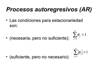 Procesos autoregresivos (AR)
• Las condiciones para estacionariedad
son:
• (necesaria, pero no suficiente):
• (suficiente, pero no necesario):
1
1
<∑=
p
j
jφ
1
1
<∑=
p
j
jφ
 