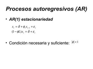 Procesos autoregresivos (AR)
• AR(1) estacionariedad
• Condición necesaria y suficiente:
tt
ttt
xL
xx
εδφ
εφδ
+=−
++= −
)1(
11
1<φ
 