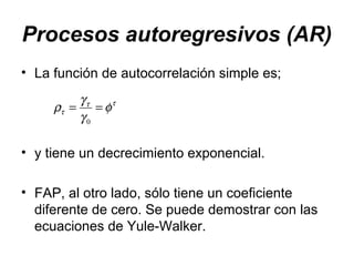 Procesos autoregresivos (AR)
• La función de autocorrelación simple es;
• y tiene un decrecimiento exponencial.
• FAP, al otro lado, sólo tiene un coeficiente
diferente de cero. Se puede demostrar con las
ecuaciones de Yule-Walker.
ττ
τ φ
γ
γ
ρ ==
0
 