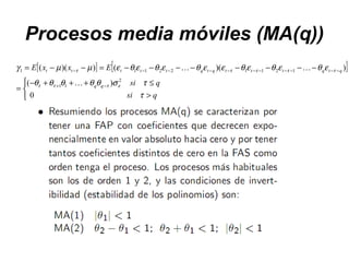 Procesos media móviles (MA(q))
[ ] [ ]



>
≤+++−
=
−−−−−−−−=−−=
−+
−−−−−−−−−−−
qsi
qsi
ExxE
qq
qtqtttqtqttttt
τ
τσθθθθθ
εθεθεθεεθεθεθεµµγ
ετττ
τττττ
0
)(
))(())((
2
11
121122111


 