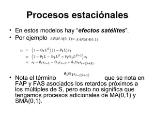 Procesos estaciónales
• En estos modelos hay “efectos satélites”.
• Por ejemplo
• Nota el término que se nota en
FAP y FAS asociados los retardos próximos a
los múltiples de S, pero esto no significa que
tengamos procesos adicionales de MA(0,1) y
SMA(0,1).
 