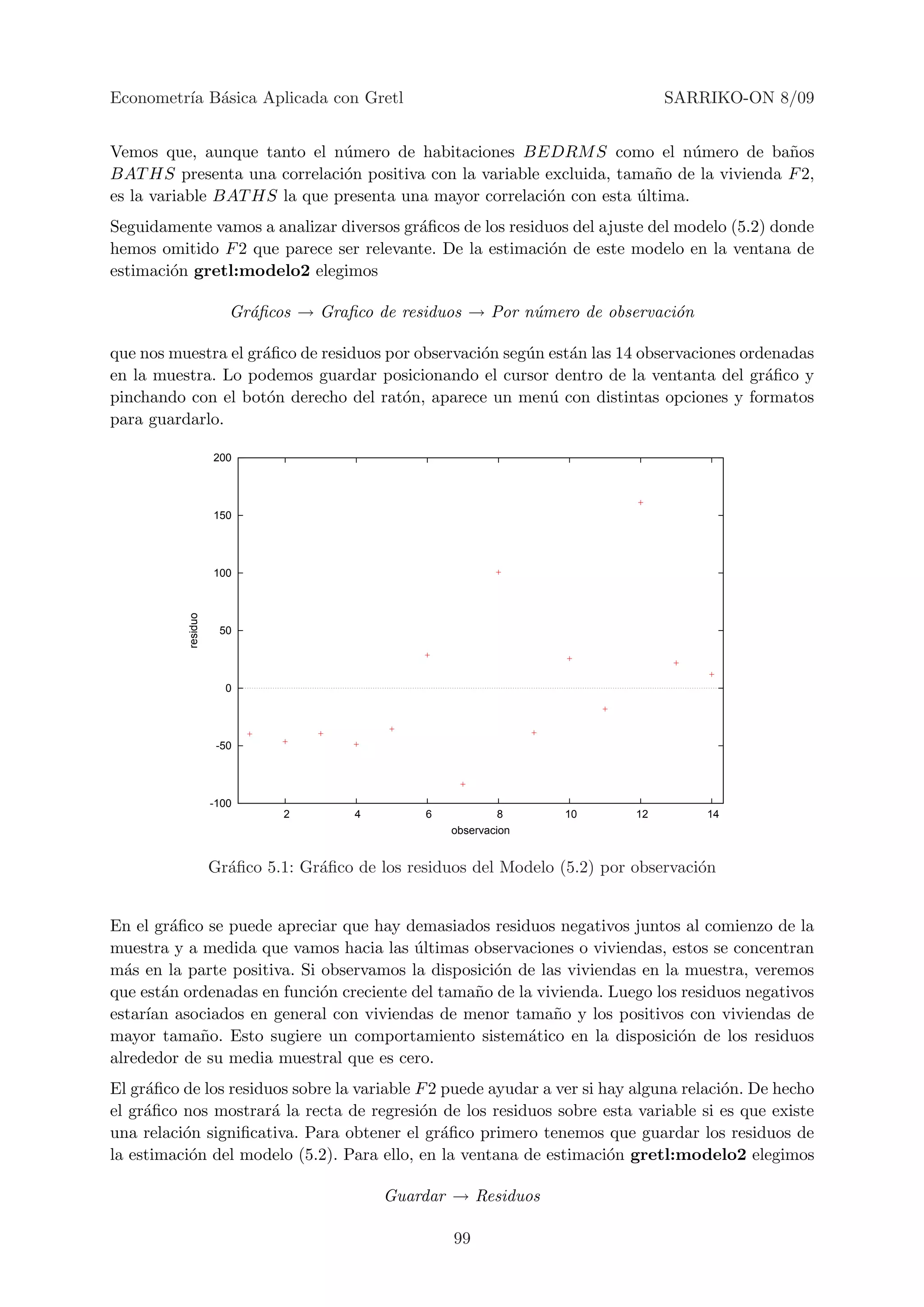 Econometr´ B´sica Aplicada con Gretl
         ıa a                                                                     SARRIKO-ON 8/09


Vemos que, aunque tanto el n´mero de habitaciones BEDRM S como el n´mero de ba˜os
                              u                                              u           n
BAT HS presenta una correlaci´n positiva con la variable excluida, tama˜o de la vivienda F 2,
                              o                                        n
es la variable BAT HS la que presenta una mayor correlaci´n con esta ultima.
                                                         o           ´
Seguidamente vamos a analizar diversos gr´ﬁcos de los residuos del ajuste del modelo (5.2) donde
                                         a
hemos omitido F 2 que parece ser relevante. De la estimaci´n de este modelo en la ventana de
                                                            o
estimaci´n gretl:modelo2 elegimos
        o

                        Gr´ﬁcos → Graﬁco de residuos → Por n´mero de observaci´n
                          a                                 u                 o

que nos muestra el gr´ﬁco de residuos por observaci´n seg´n est´n las 14 observaciones ordenadas
                     a                             o     u     a
en la muestra. Lo podemos guardar posicionando el cursor dentro de la ventanta del gr´ﬁco y
                                                                                          a
pinchando con el bot´n derecho del rat´n, aparece un men´ con distintas opciones y formatos
                      o                 o                   u
para guardarlo.

                     200




                     150




                     100
           residuo




                      50




                       0




                      -50




                     -100
                              2         4        6            8     10       12       14
                                                     observacion


                     Gr´ﬁco 5.1: Gr´ﬁco de los residuos del Modelo (5.2) por observaci´n
                       a           a                                                  o


En el gr´ﬁco se puede apreciar que hay demasiados residuos negativos juntos al comienzo de la
         a
muestra y a medida que vamos hacia las ultimas observaciones o viviendas, estos se concentran
                                         ´
m´s en la parte positiva. Si observamos la disposici´n de las viviendas en la muestra, veremos
  a                                                 o
que est´n ordenadas en funci´n creciente del tama˜o de la vivienda. Luego los residuos negativos
       a                     o                   n
estar´ asociados en general con viviendas de menor tama˜o y los positivos con viviendas de
     ıan                                                    n
mayor tama˜o. Esto sugiere un comportamiento sistem´tico en la disposici´n de los residuos
            n                                            a                   o
alrededor de su media muestral que es cero.
El gr´ﬁco de los residuos sobre la variable F 2 puede ayudar a ver si hay alguna relaci´n. De hecho
     a                                                                                 o
el gr´ﬁco nos mostrar´ la recta de regresi´n de los residuos sobre esta variable si es que existe
     a                 a                    o
una relaci´n signiﬁcativa. Para obtener el gr´ﬁco primero tenemos que guardar los residuos de
          o                                     a
la estimaci´n del modelo (5.2). Para ello, en la ventana de estimaci´n gretl:modelo2 elegimos
           o                                                           o

                                            Guardar → Residuos

                                                     99
 
