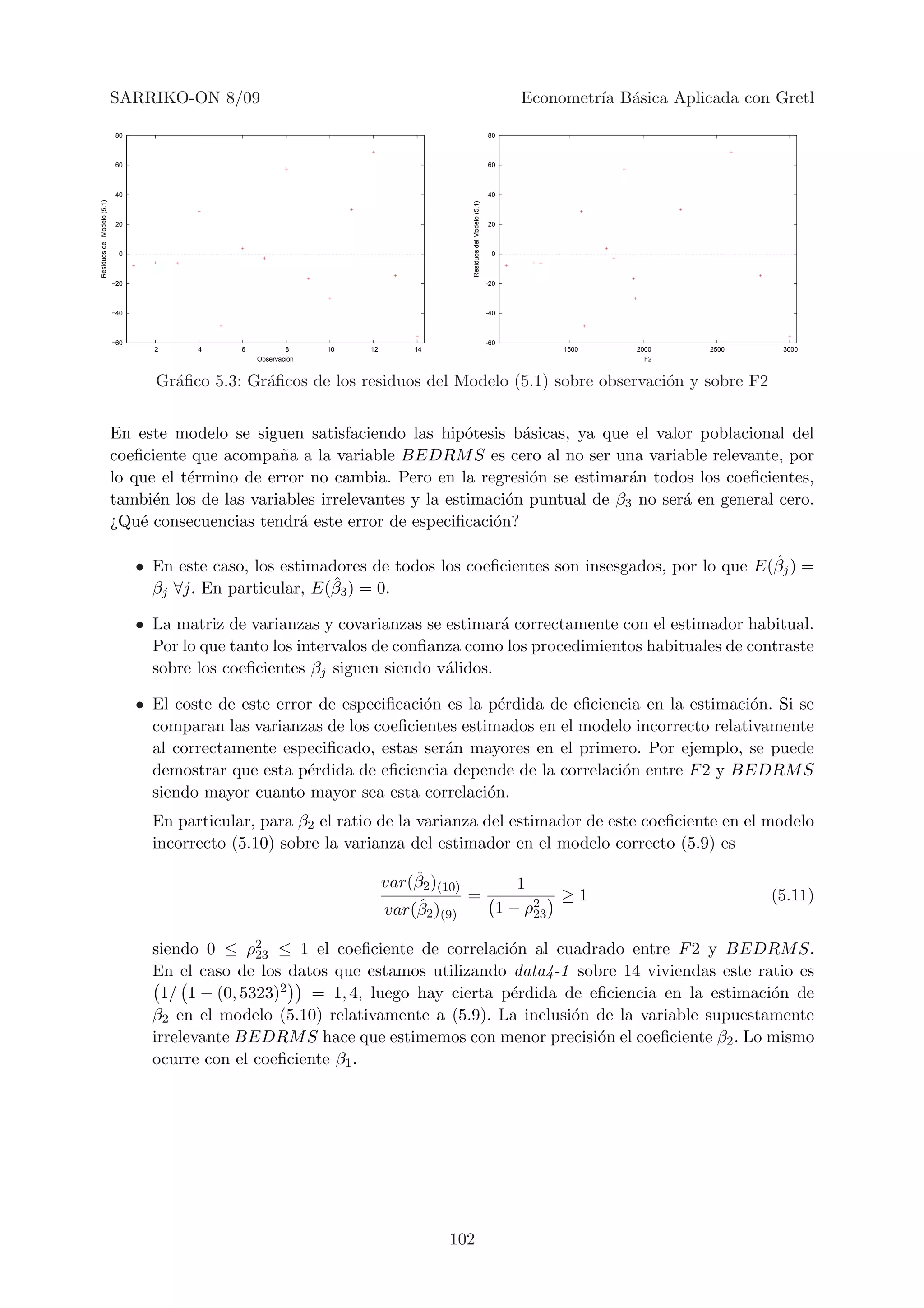 SARRIKO-ON 8/09                                                                              Econometr´ B´sica Aplicada con Gretl
                                                                                                                                  ıa a

                             80                                                                                    80



                             60                                                                                    60



                             40                                                                                    40
Residuos del Modelo (5.1)




                                                                                       Residuos del Modelo (5.1)
                             20                                                                                    20



                              0                                                                                     0



                            −20                                                                                    -20



                            −40                                                                                    -40



                            −60                                                                                    -60
                                    2     4     6           8     10   12       14                                            1500     2000     2500     3000
                                                    Observación                                                                          F2


                                    Gr´ﬁco 5.3: Gr´ﬁcos de los residuos del Modelo (5.1) sobre observaci´n y sobre F2
                                      a           a                                                     o


                            En este modelo se siguen satisfaciendo las hip´tesis b´sicas, ya que el valor poblacional del
                                                                              o      a
                            coeﬁciente que acompa˜a a la variable BEDRM S es cero al no ser una variable relevante, por
                                                   n
                            lo que el t´rmino de error no cambia. Pero en la regresi´n se estimar´n todos los coeﬁcientes,
                                       e                                              o            a
                            tambi´n los de las variables irrelevantes y la estimaci´n puntual de β3 no ser´ en general cero.
                                  e                                                o                      a
                            ¿Qu´ consecuencias tendr´ este error de especiﬁcaci´n?
                                e                     a                          o

                                                                                                                        ˆ
                                  • En este caso, los estimadores de todos los coeﬁcientes son insesgados, por lo que E(βj ) =
                                    βj ∀j. En particular, E(βˆ3 ) = 0.

                                  • La matriz de varianzas y covarianzas se estimar´ correctamente con el estimador habitual.
                                                                                    a
                                    Por lo que tanto los intervalos de conﬁanza como los procedimientos habituales de contraste
                                    sobre los coeﬁcientes βj siguen siendo v´lidos.
                                                                             a

                                  • El coste de este error de especiﬁcaci´n es la p´rdida de eﬁciencia en la estimaci´n. Si se
                                                                         o          e                                o
                                    comparan las varianzas de los coeﬁcientes estimados en el modelo incorrecto relativamente
                                    al correctamente especiﬁcado, estas ser´n mayores en el primero. Por ejemplo, se puede
                                                                            a
                                    demostrar que esta p´rdida de eﬁciencia depende de la correlaci´n entre F 2 y BEDRM S
                                                         e                                         o
                                    siendo mayor cuanto mayor sea esta correlaci´n.
                                                                                  o
                                    En particular, para β2 el ratio de la varianza del estimador de este coeﬁciente en el modelo
                                    incorrecto (5.10) sobre la varianza del estimador en el modelo correcto (5.9) es

                                                                                ˆ
                                                                            var(β2 )(10)      1
                                                                                         =         ≥1                                                  (5.11)
                                                                            var(βˆ2 )(9)   1 − ρ2
                                                                                                23

                                    siendo 0 ≤ ρ2 ≤ 1 el coeﬁciente de correlaci´n al cuadrado entre F 2 y BEDRM S.
                                                  23                               o
                                    En el caso de los datos que estamos utilizando data4-1 sobre 14 viviendas este ratio es
                                     1/ 1 − (0, 5323)2 = 1, 4, luego hay cierta p´rdida de eﬁciencia en la estimaci´n de
                                                                                   e                                  o
                                    β2 en el modelo (5.10) relativamente a (5.9). La inclusi´n de la variable supuestamente
                                                                                            o
                                    irrelevante BEDRM S hace que estimemos con menor precisi´n el coeﬁciente β2 . Lo mismo
                                                                                               o
                                    ocurre con el coeﬁciente β1 .




                                                                                     102
 