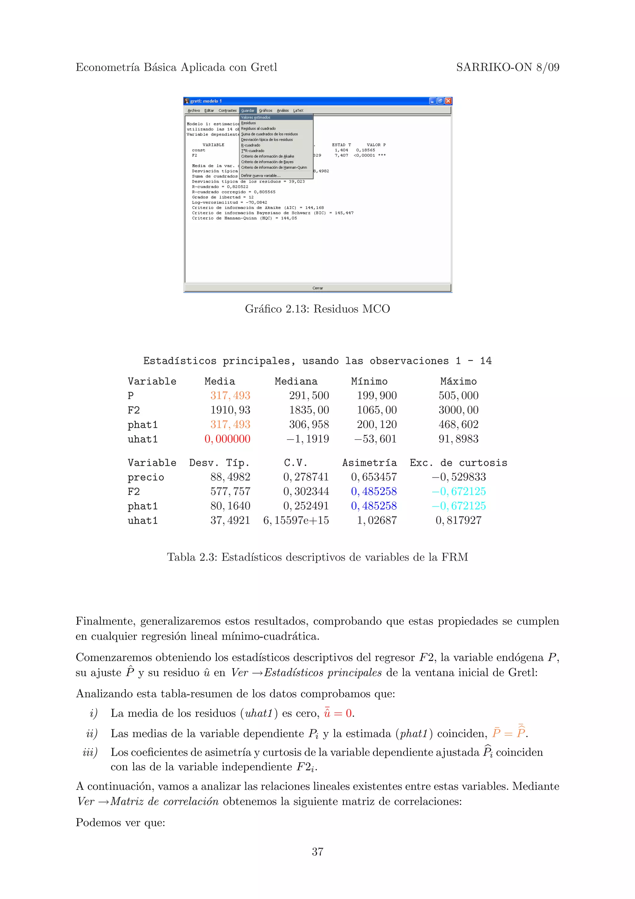 Econometr´ B´sica Aplicada con Gretl
         ıa a                                                                SARRIKO-ON 8/09




                                  Gr´ﬁco 2.13: Residuos MCO
                                    a



              Estad´sticos principales, usando las observaciones 1 - 14
                   ı
           Variable       Media          Mediana        M´nimo
                                                         ı                M´ximo
                                                                           a
           P               317, 493        291, 500      199, 900         505, 000
           F2              1910, 93        1835, 00      1065, 00         3000, 00
           phat1           317, 493        306, 958      200, 120         468, 602
           uhat1          0, 000000        −1, 1919     −53, 601          91, 8983

           Variable    Desv. T´p.
                               ı           C.V.        Asimetr´a
                                                               ı    Exc. de curtosis
           precio         88, 4982         0, 278741    0, 653457      −0, 529833
           F2             577, 757         0, 302344    0, 485258      −0, 672125
           phat1          80, 1640         0, 252491    0, 485258      −0, 672125
           uhat1          37, 4921    6, 15597e+15       1, 02687       0, 817927


                   Tabla 2.3: Estad´
                                   ısticos descriptivos de variables de la FRM




Finalmente, generalizaremos estos resultados, comprobando que estas propiedades se cumplen
en cualquier regresi´n lineal m´
                    o          ınimo-cuadr´tica.
                                          a
Comenzaremos obteniendo los estad´ ısticos descriptivos del regresor F 2, la variable end´gena P ,
                                                                                         o
          ˆ y su residuo u en Ver →Estad´
su ajuste P              ˆ                 ısticos principales de la ventana inicial de Gretl:
Analizando esta tabla-resumen de los datos comprobamos que:
                                                ¯
  i) La media de los residuos (uhat1 ) es cero, u = 0.
                                                ˆ
                                                                                   ¯   ¯
  ii)   Las medias de la variable dependiente Pi y la estimada (phat1 ) coinciden, P = P .
 iii)   Los coeﬁcientes de asimetr´ y curtosis de la variable dependiente ajustada Pi coinciden
                                   ıa
        con las de la variable independiente F 2i .
A continuaci´n, vamos a analizar las relaciones lineales existentes entre estas variables. Mediante
            o
Ver →Matriz de correlaci´n obtenemos la siguiente matriz de correlaciones:
                         o
Podemos ver que:

                                                37
 