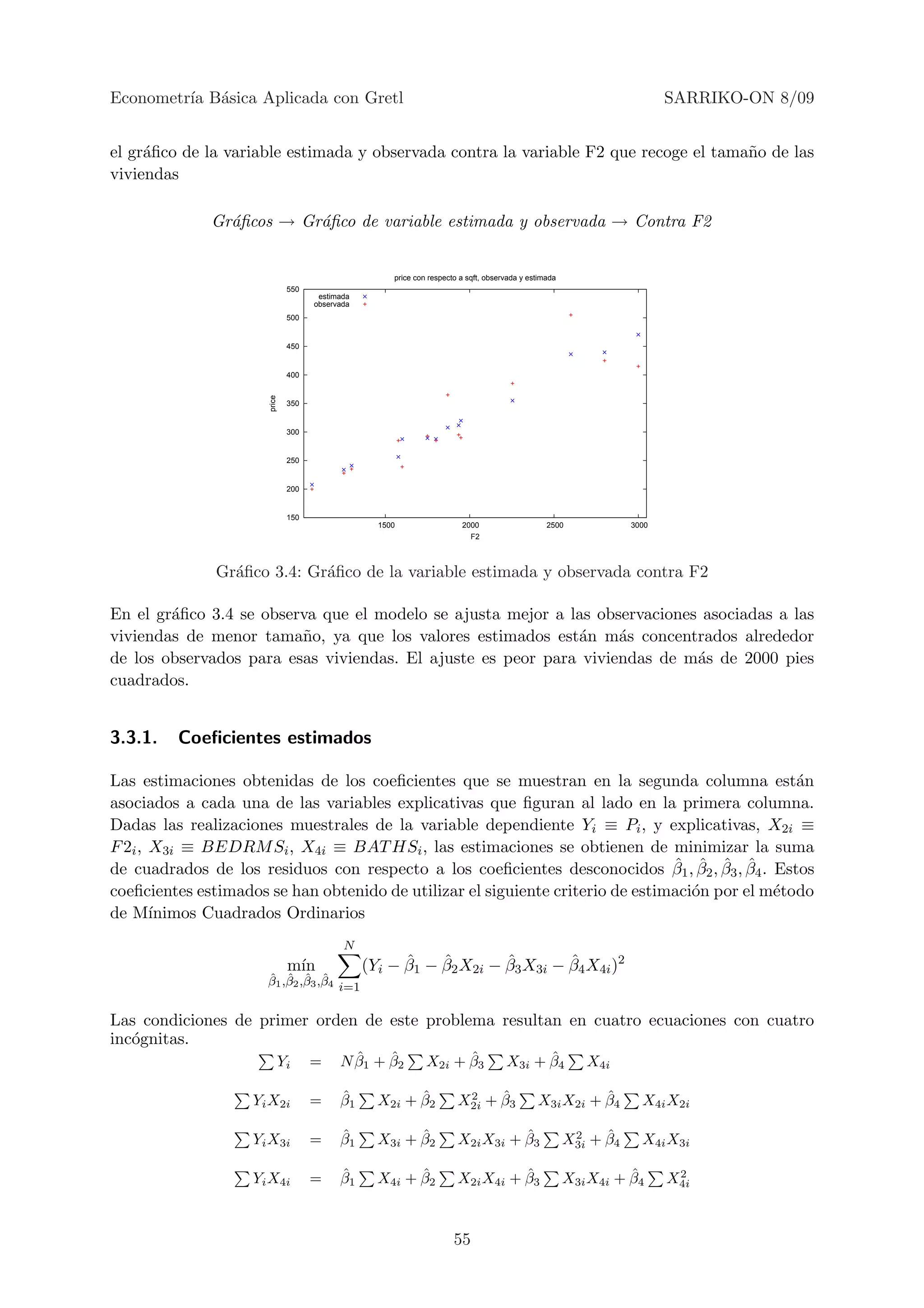 Econometr´ B´sica Aplicada con Gretl
         ıa a                                                                                                             SARRIKO-ON 8/09


el gr´ﬁco de la variable estimada y observada contra la variable F2 que recoge el tama˜o de las
     a                                                                                n
viviendas

              Gr´ﬁcos → Gr´ﬁco de variable estimada y observada → Contra F2
                a         a


                                                      price con respecto a sqft, observada y estimada
                               550
                                      estimada
                                     observada
                               500


                               450


                               400
                      price




                               350


                               300


                               250


                               200


                               150
                                                   1500                  2000                     2500             3000
                                                                           F2



              Gr´ﬁco 3.4: Gr´ﬁco de la variable estimada y observada contra F2
                a           a

En el gr´ﬁco 3.4 se observa que el modelo se ajusta mejor a las observaciones asociadas a las
        a
viviendas de menor tama˜o, ya que los valores estimados est´n m´s concentrados alrededor
                         n                                   a     a
de los observados para esas viviendas. El ajuste es peor para viviendas de m´s de 2000 pies
                                                                             a
cuadrados.


3.3.1.   Coeﬁcientes estimados

Las estimaciones obtenidas de los coeﬁcientes que se muestran en la segunda columna est´n        a
asociados a cada una de las variables explicativas que ﬁguran al lado en la primera columna.
Dadas las realizaciones muestrales de la variable dependiente Yi ≡ Pi , y explicativas, X2i ≡
F 2i , X3i ≡ BEDRM Si , X4i ≡ BAT HSi , las estimaciones se obtienen de minimizar la suma
                                                                                ˆ ˆ ˆ ˆ
de cuadrados de los residuos con respecto a los coeﬁcientes desconocidos β1 , β2 , β3 , β4 . Estos
coeﬁcientes estimados se han obtenido de utilizar el siguiente criterio de estimaci´n por el m´todo
                                                                                   o          e
de M´  ınimos Cuadrados Ordinarios
                                            N
                               m´
                                ın                     ˆ    ˆ        ˆ        ˆ
                                                 (Yi − β1 − β2 X2i − β3 X3i − β4 X4i )2
                      ˆ ˆ ˆ ˆ
                      β1 ,β2 ,β3 ,β4 i=1


Las condiciones de primer orden de este problema resultan en cuatro ecuaciones con cuatro
inc´gnitas.
   o
                              Yi     =       ˆ    ˆ
                                           N β1 + β2                 ˆ
                                                               X2i + β3                     ˆ
                                                                                      X3i + β4             X4i

                    Yi X2i           =     ˆ
                                           β1            ˆ
                                                   X2i + β2              2    ˆ
                                                                        X2i + β3                         ˆ
                                                                                               X3i X2i + β4          X4i X2i

                    Yi X3i           =     ˆ
                                           β1            ˆ
                                                   X3i + β2                       ˆ
                                                                        X2i X3i + β3                     2    ˆ
                                                                                                        X3i + β4     X4i X3i

                    Yi X4i           =     ˆ
                                           β1            ˆ
                                                   X4i + β2                       ˆ
                                                                        X2i X4i + β3                              ˆ
                                                                                                        X3i X4i + β4       2
                                                                                                                          X4i


                                                                       55
 