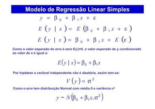 ( ) 2
σ=yV
ε+β+β= xy 10
Como o valor esperado do erro é zero E(εεεε)=0, o valor esperado de y condicionado
ao valor de x é igual a:
( ) ( )ε+β+β= xExyE 10|
( ) ( )ε+β+β= ExxyE 10|
( ) xxyE 10| β+β=
Por hipótese a variável independente não é aleatória, assim tem-se:
( )2
10 ,~ σβ+β xNy
Como o erro tem distribuição Normal com média 0 e variância σσσσ2
Modelo de Regressão Linear Simples
 