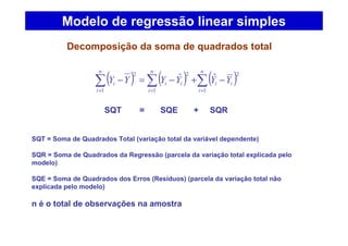 Decomposição da soma de quadrados total
( ) ( ) ( )∑∑ ∑ == =
−+−=−
n
i
ii
n
i
n
i
iii YYYYYY
1
2
1 1
22
ˆˆ
SQT = SQE + SQR
SQT = Soma de Quadrados Total (variação total da variável dependente)
SQR = Soma de Quadrados da Regressão (parcela da variação total explicada pelo
modelo)
SQE = Soma de Quadrados dos Erros (Resíduos) (parcela da variação total não
explicada pelo modelo)
n é o total de observações na amostra
Modelo de regressão linear simples
 