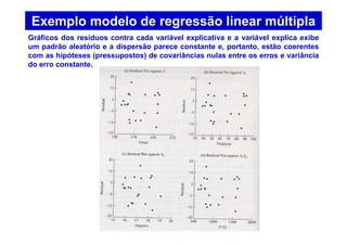 Exemplo modelo de regressão linear múltipla
Gráficos dos resíduos contra cada variável explicativa e a variável explica exibe
um padrão aleatório e a dispersão parece constante e, portanto, estão coerentes
com as hipóteses (pressupostos) de covariâncias nulas entre os erros e variância
do erro constante.
 