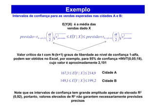 Exemplo
Intervalos de confiança para as vendas esperadas nas cidades A e B:
E(Y|X) é a média das
vendas dado X
( ) 2
)1(
2
)1(
2
|
2
previsãokNprevisãokN stprevisãoXYEstprevisão 





+≤≤





− +−+−
αα
Valor crítico da t com N-(k+1) graus de liberdade ao nível de confiança 1-alfa,
podem ser obtidos no Excel, por exemplo, para 95% de confiança =INVT(0,05;18),
cujo valor é aproximadamente 2,101
( ) 9,214|3,167 ≤≤ XYE
( ) 2,199|1,149 ≤≤ XYE
Cidade A
Cidade B
Note que os intervalos de confiança tem grande amplitude apesar do elevado R2
(0,92), portanto, valores elevados de R2 não garantem necessariamente previsões
precisas
 