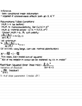 Inference
.
zero conditional mean assumption
-
violated if unobservable affects both an X G Y
Assumptions I Ideal Conditions
.
MLR .
I -
4 C as before )
.
M LR .
5 :
homos Kedah city Var ( u I X ) =
02
.
MLR .
6 :
normal errors
:
U I X ~ N ( O ,
02 )
.
Under MLR .
I -
6 ,
Bj will satisfy
:
( Bj -
Bj )
Sd ( Bj )
~ N ( O ,
I )
.
Sd Unknown
↳ ( Bj -
Bj )
Se ( Bj )
~ t
N -
K -
,
( If N > 100 , very large ,
can use normal distribution )
R2 = Est =
I
-
⇒
"
↳ In Stata ,
ESS = model sum of squares
30-1 .
of the variation in output can be explained by X 's in model
"
Root Mean Squared Error I Root MS E ) : Ii Ii
Z
Variance of residual ( N -
K -
I )
RSS L residual )= -
N -
K -
I
K :
# of Slope parameters ( Model df I
 