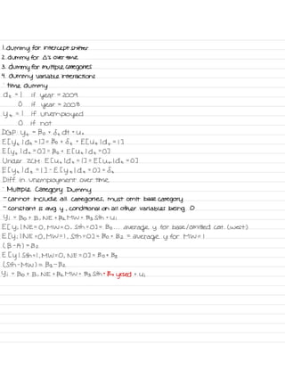 I
.
dummy for intercept shifter
2. dummy for Ll 's over time
3 .
dummy for multiple categories
4 .
dummy variable interactions
.
time dummy
A t
'
-
I if year
=
2009
O if
year
=
2008
y t
.
-
I if
unemployed
O if not
DGP :
ye
=
Bo t
ft d t t
Ut
Et ye Idt = I ] =
Bo t
St t
EE Ut Id +
=
I ]
E Eye Idt =
O ] =
Bo t E t Ut I de
=
O ]
Under ZCM : E E Ut Id t
=
IT =
Et Ut Idt =
O ]
E
Eye I d t
=
I ] -
E I
y t
I d t
=
03 =
St
Diff in
unemployment over time
-
Multiple Category Dummy
-
cannot include all
categories ,
must omit base
category
-
constant is
avg y ,
conditional on all other variables being O
Yi =
Bo t
B ,
NE t Bz MW t
Bs Sth t
Ui
Et Yi
I NE =
0 ,
MW =
O ,
Sth =
03 =
Bo . . .
average y for base I omitted cat .
( west )
E Ty i I NE =
O ,
MW = I
,
Sth =
O ] =
Bo t
Bz =
average y for MW = I
( B -
A ) =
B 2
E E
y
I Sth = I
,
MW = O ,
NE =
OT =
Bot Bs
( Sth -
MW ) =
133 -
Bz
Yi =
Bo t
B ,
NE t Bz MW t
Bs Sth t
By
yrs ed t
y i
 