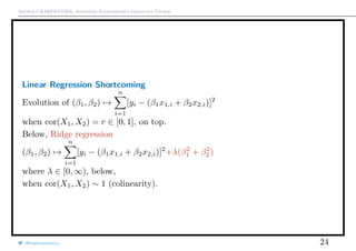 Arthur CHARPENTIER, Advanced Econometrics Graduate Course
Linear Regression Shortcoming
Evolution of (β1, β2) →
n
i=1
[yi − (β1x1,i + β2x2,i)]2
when cor(X1, X2) = r ∈ [0, 1], on top.
Below, Ridge regression
(β1, β2) →
n
i=1
[yi − (β1x1,i + β2x2,i)]2
+λ(β2
1 + β2
2)
where λ ∈ [0, ∞), below,
when cor(X1, X2) ∼ 1 (colinearity).
@freakonometrics 24
−2 −1 0 1 2 3 4
−3−2−10123
β1
β2
500
1000
1500
2000
2000
2500
2500 2500
2500
3000
3000 3000
3000
3500
q
−2 −1 0 1 2 3 4
−3−2−10123
β1
β2
1000
1000
2000
2000
3000
3000
4000
4000
5000
5000
6000
6000
7000
 