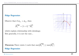 Arthur CHARPENTIER, Advanced Econometrics Graduate Course
Ridge Regression
Observe that if xj1 ⊥ xj2 , then
β
ridge
λ = [1 + λ]−1
β
ols
λ
which explain relationship with shrinkage.
But generally, it is not the case...
q
q
Theorem There exists λ such that mse[β
ridge
λ ] ≤ mse[β
ols
λ ]
Ridge Regression
@freakonometrics 29
 