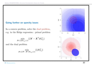 Arthur CHARPENTIER, Advanced Econometrics Graduate Course
Going further on sparcity issues
In a convex problem, solve the dual problem,
e.g. in the Ridge regression : primal problem
min
β∈{ β 2 ≤s}
{ Y − XT
β 2
2
}
and the dual problem
min
β∈{ Y −XTβ 2 ≤t}
{ β 2
2
}
beta1
beta2
−1 −0.5 0.5 1
−1
−0.5
0.5
1
26
27
30
32
35
40
40
50
60
70
80
90
100
110
120
120
130
130
140 140
X
q
−1.0 −0.5 0.0 0.5 1.0
−1.0−0.50.00.51.0
beta1
beta2
−1 −0.5 0.5 1
−1
−0.5
0.5
1
26
27
30
32
35
40
40
50
60
70
80
90
100
110
120
120
130
130
140 140
X
q
−1.0 −0.5 0.0 0.5 1.0
−1.0−0.50.00.51.0
@freakonometrics 40
 