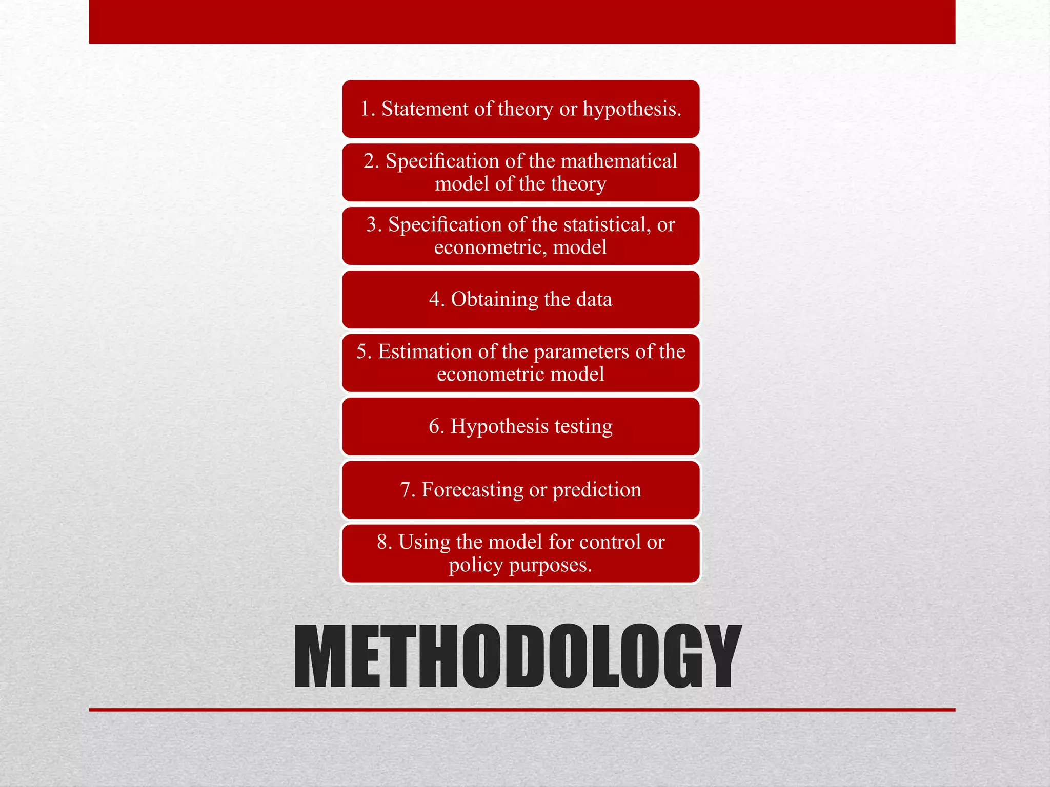 METHODOLOGY
1. Statement of theory or hypothesis.
2. Speciﬁcation of the mathematical
model of the theory
3. Speciﬁcation of the statistical, or
econometric, model
4. Obtaining the data
5. Estimation of the parameters of the
econometric model
6. Hypothesis testing
7. Forecasting or prediction
8. Using the model for control or
policy purposes.
 