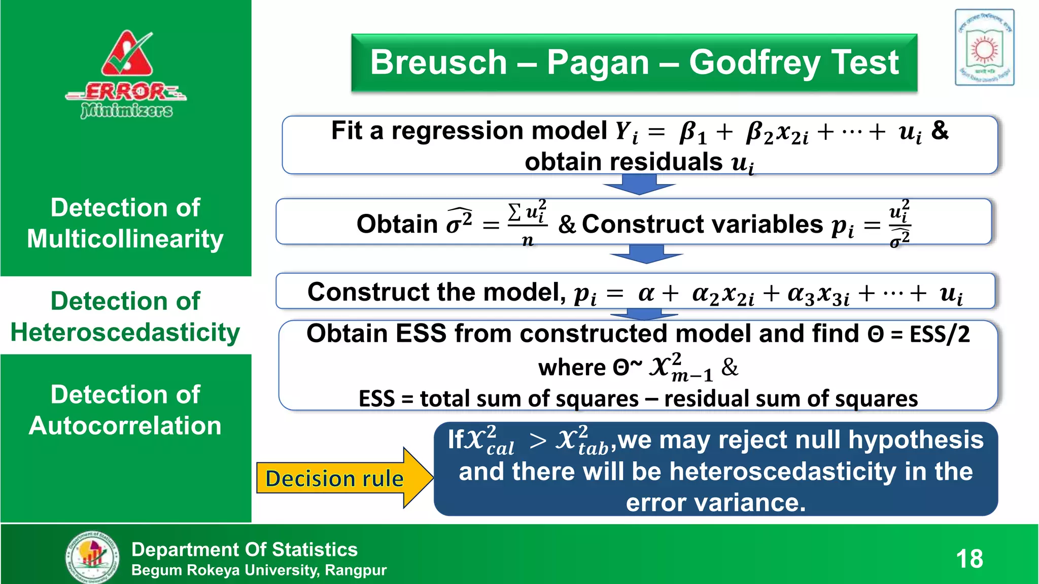 Detection of
Multicollinearity
Detection of
Heteroscedasticity
Detection of
Autocorrelation
Department Of Statistics
Begum Rokeya University, Rangpur 18
Breusch – Pagan – Godfrey Test
Obtain ESS from constructed model and find Θ = ESS/2
where Θ~ 𝓧𝒎−𝟏
𝟐
&
ESS = total sum of squares – residual sum of squares
Fit a regression model 𝒀𝒊 = 𝜷𝟏 + 𝜷𝟐𝒙𝟐𝒊 + ⋯ + 𝒖𝒊 &
obtain residuals 𝒖𝒊
Obtain 𝝈𝟐 =
𝒖𝒊
𝟐
𝒏
& Construct variables 𝒑𝒊 =
𝒖𝒊
𝟐
𝝈𝟐
Construct the model, 𝒑𝒊 = 𝜶 + 𝜶𝟐𝒙𝟐𝒊 + 𝜶𝟑𝒙𝟑𝒊 + ⋯ + 𝒖𝒊
If𝓧𝒄𝒂𝒍
𝟐
> 𝓧𝒕𝒂𝒃
𝟐
,we may reject null hypothesis
and there will be heteroscedasticity in the
error variance.
 