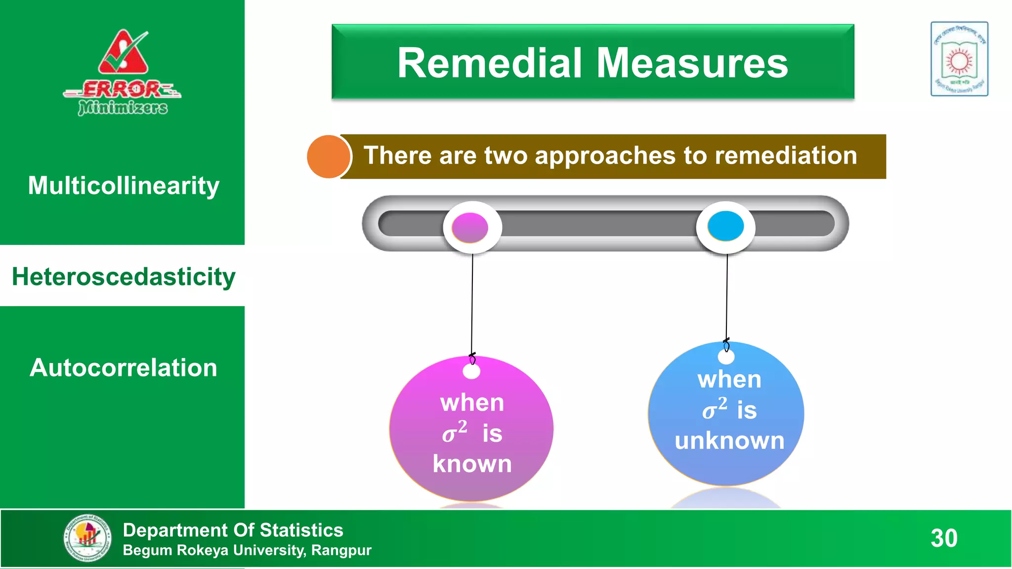 Remedial Measures
when
𝝈𝟐 is
known
when
𝝈𝟐 is
unknown
There are two approaches to remediation
Multicollinearity
Heteroscedasticity
Autocorrelation
Department Of Statistics
Begum Rokeya University, Rangpur
30
 