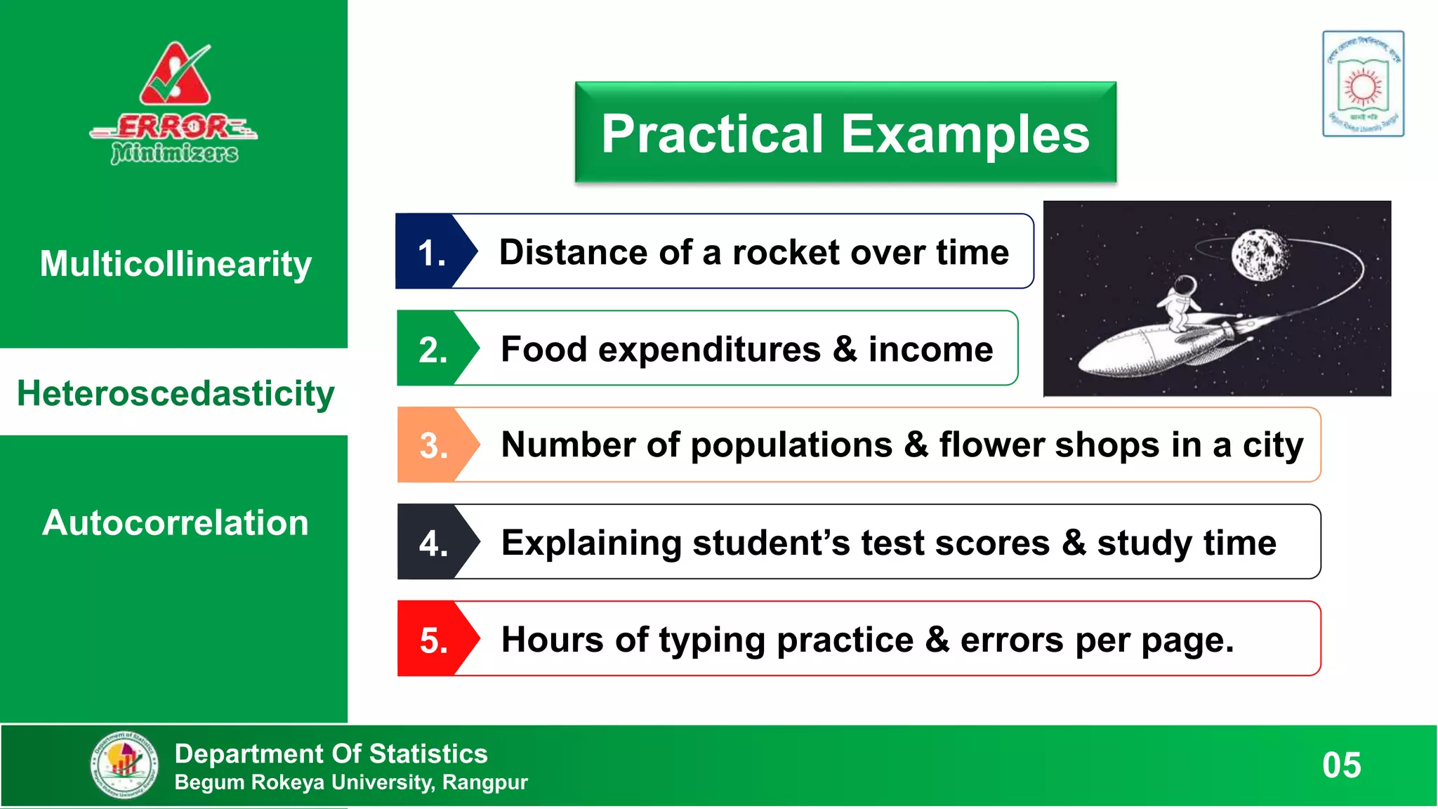 Multicollinearity
Heteroscedasticity
Autocorrelation
Practical Examples
Food expenditures & income
2.
Explaining student’s test scores & study time
4.
Hours of typing practice & errors per page.
5.
3. Number of populations & flower shops in a city
Department Of Statistics
Begum Rokeya University, Rangpur
05
Distance of a rocket over time
1.
 
