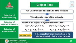 Detection of
Multicollinearity
Detection of
Heteroscedasticity
Detection of
Autocorrelation
Department Of Statistics
Begum Rokeya University, Rangpur 15
Glejser Test
15
Run OLS from our data set & find the residuals
Take absolute value of the residuals
Run OLS for regressor against residuals used:
|𝒓𝒊| = 𝜷𝟏 + 𝜷𝟐𝒙𝒊 + 𝒗𝒊 |𝒓𝒊| = 𝜷𝟏 + 𝜷𝟐 𝒙𝒊 + 𝒗𝒊
|𝒓𝒊| = 𝜷𝟏 + 𝜷𝟐
𝟏
𝒙𝒊
+ 𝒗𝒊 |𝒓𝒊| = 𝜷𝟏 + 𝜷𝟐
𝟏
𝒙𝒊
+ 𝒗𝒊
If the model is insignificant ,there is no
heteroscedasticity in the error variance
 