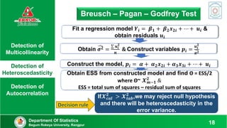 Detection of
Multicollinearity
Detection of
Heteroscedasticity
Detection of
Autocorrelation
Department Of Statistics
Begum Rokeya University, Rangpur 18
Breusch – Pagan – Godfrey Test
Obtain ESS from constructed model and find Θ = ESS/2
where Θ~ 𝓧𝒎−𝟏
𝟐
&
ESS = total sum of squares – residual sum of squares
Fit a regression model 𝒀𝒊 = 𝜷𝟏 + 𝜷𝟐𝒙𝟐𝒊 + ⋯ + 𝒖𝒊 &
obtain residuals 𝒖𝒊
Obtain 𝝈𝟐 =
𝒖𝒊
𝟐
𝒏
& Construct variables 𝒑𝒊 =
𝒖𝒊
𝟐
𝝈𝟐
Construct the model, 𝒑𝒊 = 𝜶 + 𝜶𝟐𝒙𝟐𝒊 + 𝜶𝟑𝒙𝟑𝒊 + ⋯ + 𝒖𝒊
If𝓧𝒄𝒂𝒍
𝟐
> 𝓧𝒕𝒂𝒃
𝟐
,we may reject null hypothesis
and there will be heteroscedasticity in the
error variance.
 