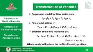 Remedials of
Multicollinearity
Remedials of
Heteroscedasticity
Remedials of
Autocorrelation
Department Of Statistics
Begum Rokeya University, Rangpur 28
Transformation of Variables
 Regression model for time series data:
𝒀𝒕= 𝜷𝟏 + 𝜷𝟐𝑿𝟐𝒕 + 𝜷𝟑𝑿𝟑𝒕+ 𝒖𝒕
 Subtract above two model we get:
𝒀𝒕 - 𝒀𝒕−𝟏= 𝜷𝟐(𝑿𝟐𝒕 − 𝑿𝟐,𝒕−𝟏+ 𝜷𝟑(𝑿𝟑𝒕 −𝑿𝟑,𝒕−𝟏)+ 𝒗𝒕
Where, 𝒗𝒕 = 𝒖𝒕 − 𝒖𝒕−𝟏
 Fit a model at time t-1:
𝒀𝒕−𝟏 = 𝜷𝟏 + 𝜷𝟐𝑿𝟐,𝒕−𝟏 + 𝜷𝟑𝑿𝟑,𝒕−𝟏+ 𝒖𝒕−𝟏
Which model will reduce the multicollinearity problem.
 