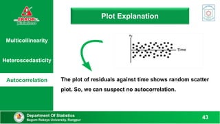 Multicollinearity
Heteroscedasticity
Autocorrelation
Plot Explanation
Department Of Statistics
Begum Rokeya University, Rangpur
43
The plot of residuals against time shows random scatter
plot. So, we can suspect no autocorrelation.
 