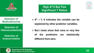 Detection of
Multicollinearity
Detection of
Heteroscedasticity
Detection of
Autocorrelation
Department Of Statistics
Begum Rokeya University, Rangpur 09
High 𝑹^𝟐 But Few
Significant T Ratios
 𝑹𝟐
≈ 1, it indicates the variable can be
explained by other predictor variables.
 But t tests show that none or very few
of the predictors are statistically
different from zero.
 