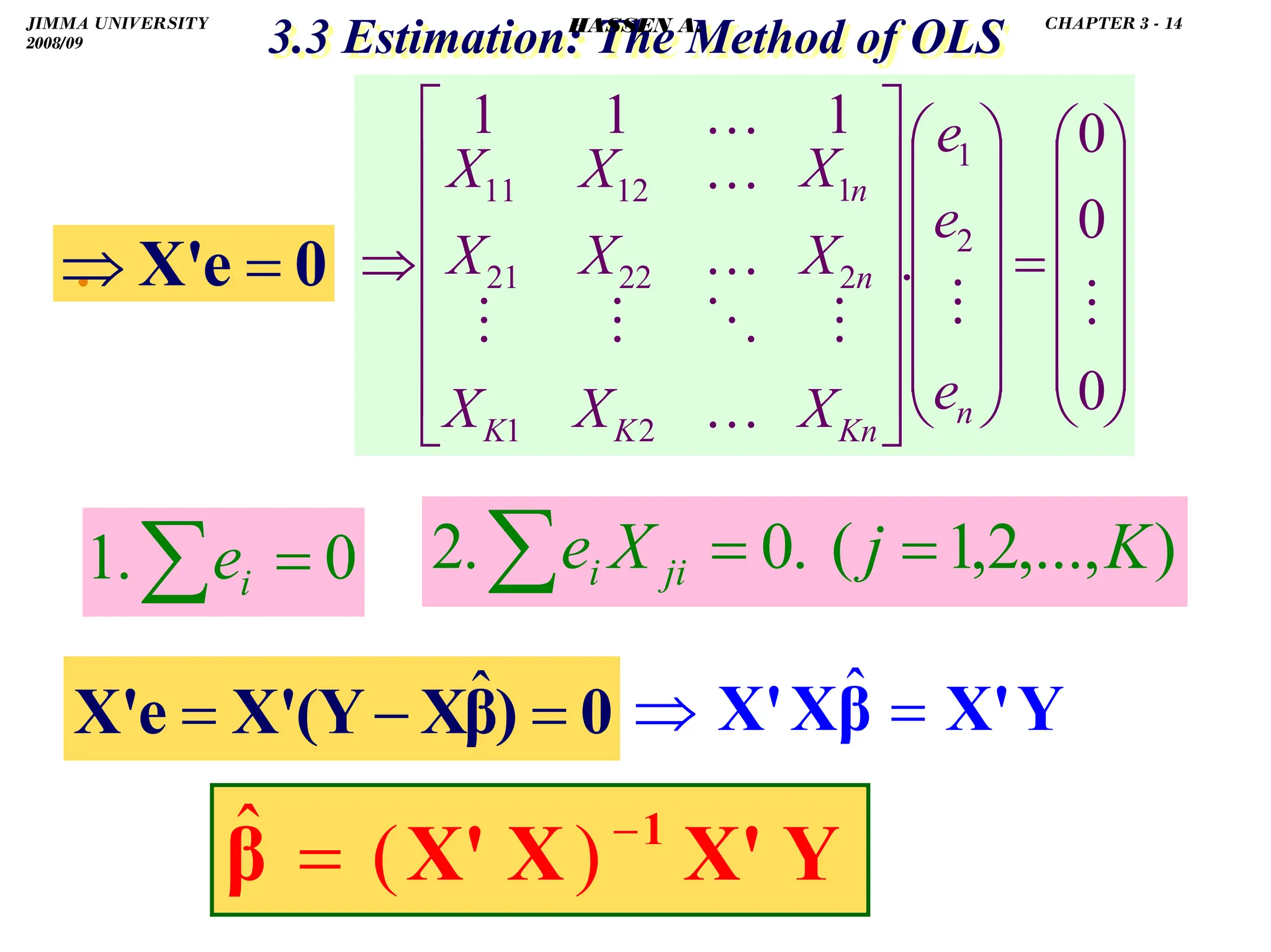 .
3.3 Estimation: The Method of OLS
3.3 Estimation: The Method of OLS
.
)
,...,
2
,
1
(
.
0
.
2 K
j
X
e ji
i =
=
∑
0
.
1 =
∑ i
e
⎟
⎟
⎟
⎟
⎟
⎠
⎞
⎜
⎜
⎜
⎜
⎜
⎝
⎛
=
⎟
⎟
⎟
⎟
⎟
⎠
⎞
⎜
⎜
⎜
⎜
⎜
⎝
⎛
⎥
⎥
⎥
⎥
⎥
⎦
⎤
⎢
⎢
⎢
⎢
⎢
⎣
⎡
⇒
0
0
0
.
1
1
1
2
1
2
1
2
1
22
12
21
11
…
…
…
…
n
Kn
K
K
n
n
e
e
e
X
X
X
X
X
X
X
X
X
Y
X'
X
X'
β 1
−
= )
(
ˆ
Y
X'
β
X
X' =
⇒ ˆ
0
e
X' =
⇒
0
)
β
X
(Y
X'
e
X' =
−
= ˆ
JIMMA UNIVERSITY
2008/09
CHAPTER 3 - 14
HASSEN A.
 