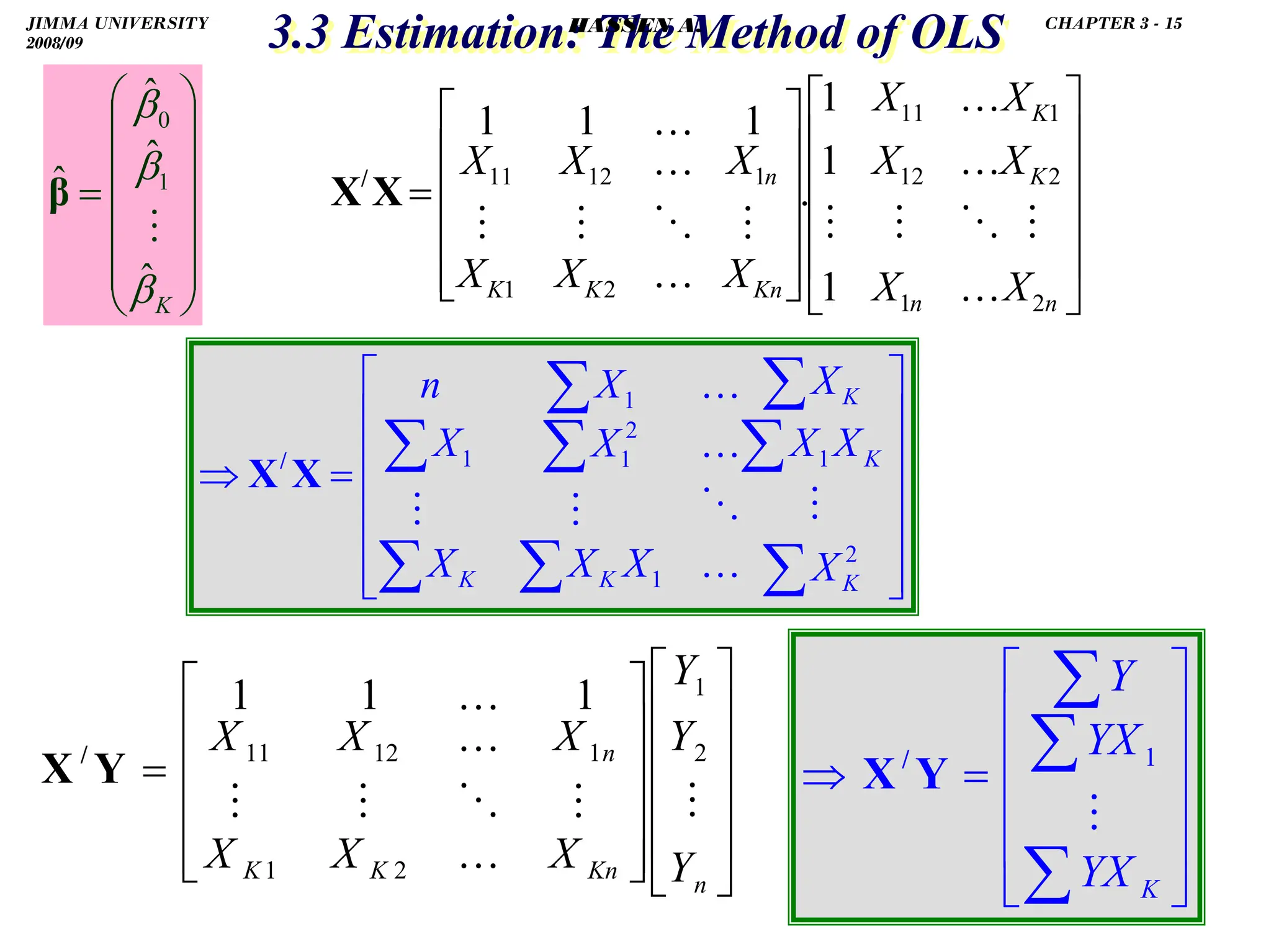 .
3.3 Estimation: The Method of OLS
3.3 Estimation: The Method of OLS
⎥
⎥
⎥
⎥
⎦
⎤
⎢
⎢
⎢
⎢
⎣
⎡
⎥
⎥
⎥
⎥
⎦
⎤
⎢
⎢
⎢
⎢
⎣
⎡
=
n
K
K
n
Kn
K
K
n
X
X
X
X
X
X
X
X
X
X
X
X
2
2
1
1
12
11
2
1
1
12
11
1
1
1
.
1
1
1
…
…
…
…
…
…
X
X/
⎥
⎥
⎥
⎥
⎥
⎦
⎤
⎢
⎢
⎢
⎢
⎢
⎣
⎡
=
⇒
∑
∑
∑
∑
∑
∑
∑
∑
2
1
1
2
1
1
1
K
K
K
K
K X
X
X
X
X
X
X
X
X
X
n
…
…
…
X
X/
⎟
⎟
⎟
⎟
⎟
⎠
⎞
⎜
⎜
⎜
⎜
⎜
⎝
⎛
=
K
β
β
β
ˆ
ˆ
ˆ
ˆ 1
0
β
⎥
⎥
⎥
⎥
⎦
⎤
⎢
⎢
⎢
⎢
⎣
⎡
⎥
⎥
⎥
⎥
⎦
⎤
⎢
⎢
⎢
⎢
⎣
⎡
=
n
Kn
K
K
n
Y
Y
Y
X
X
X
X
X
X
…
…
…
2
1
2
1
1
12
11
1
1
1
Y
X /
⎥
⎥
⎥
⎥
⎦
⎤
⎢
⎢
⎢
⎢
⎣
⎡
=
⇒
∑
∑
∑
K
YX
YX
Y
1
Y
X/
JIMMA UNIVERSITY
2008/09
CHAPTER 3 - 15
HASSEN A.
 