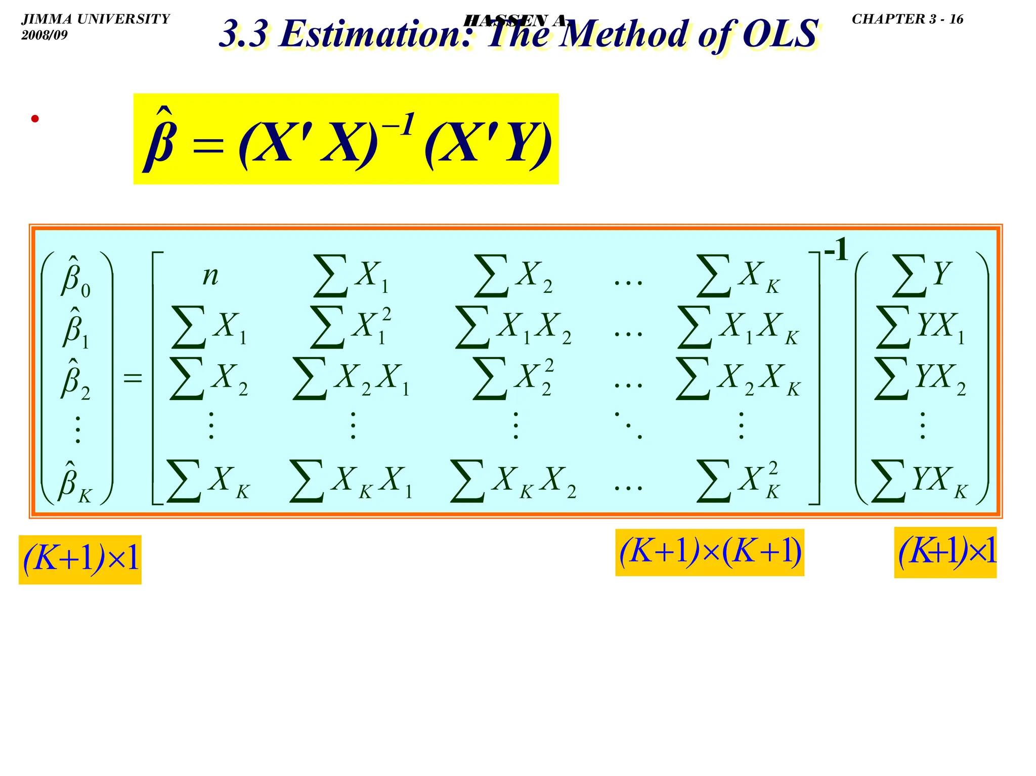 .
3.3 Estimation: The Method of OLS
3.3 Estimation: The Method of OLS
.
⎟
⎟
⎟
⎟
⎟
⎟
⎟
⎠
⎞
⎜
⎜
⎜
⎜
⎜
⎜
⎜
⎝
⎛
⎥
⎥
⎥
⎥
⎥
⎥
⎦
⎤
⎢
⎢
⎢
⎢
⎢
⎢
⎣
⎡
=
⎟
⎟
⎟
⎟
⎟
⎟
⎟
⎠
⎞
⎜
⎜
⎜
⎜
⎜
⎜
⎜
⎝
⎛
∑
∑
∑
∑
∑
∑
∑
∑
∑
∑
∑
∑
∑
∑
∑
∑
∑
∑
∑
K
K
K
K
K
K
K
K
K
YX
YX
YX
Y
X
X
X
X
X
X
X
X
X
X
X
X
X
X
X
X
X
X
X
X
X
n
β
β
β
β
…
…
…
…
2
1
2
2
1
2
2
2
1
2
2
1
2
1
2
1
1
2
1
2
1
0
ˆ
ˆ
ˆ
ˆ
1
-
Y)
(X'
X)
(X'
β 1
−
=
ˆ
1
1 ×
+ )
(K )
1
(
1 +
×
+ K
)
(K 1
1×
+ )
(K
JIMMA UNIVERSITY
2008/09
CHAPTER 3 - 16
HASSEN A.
 