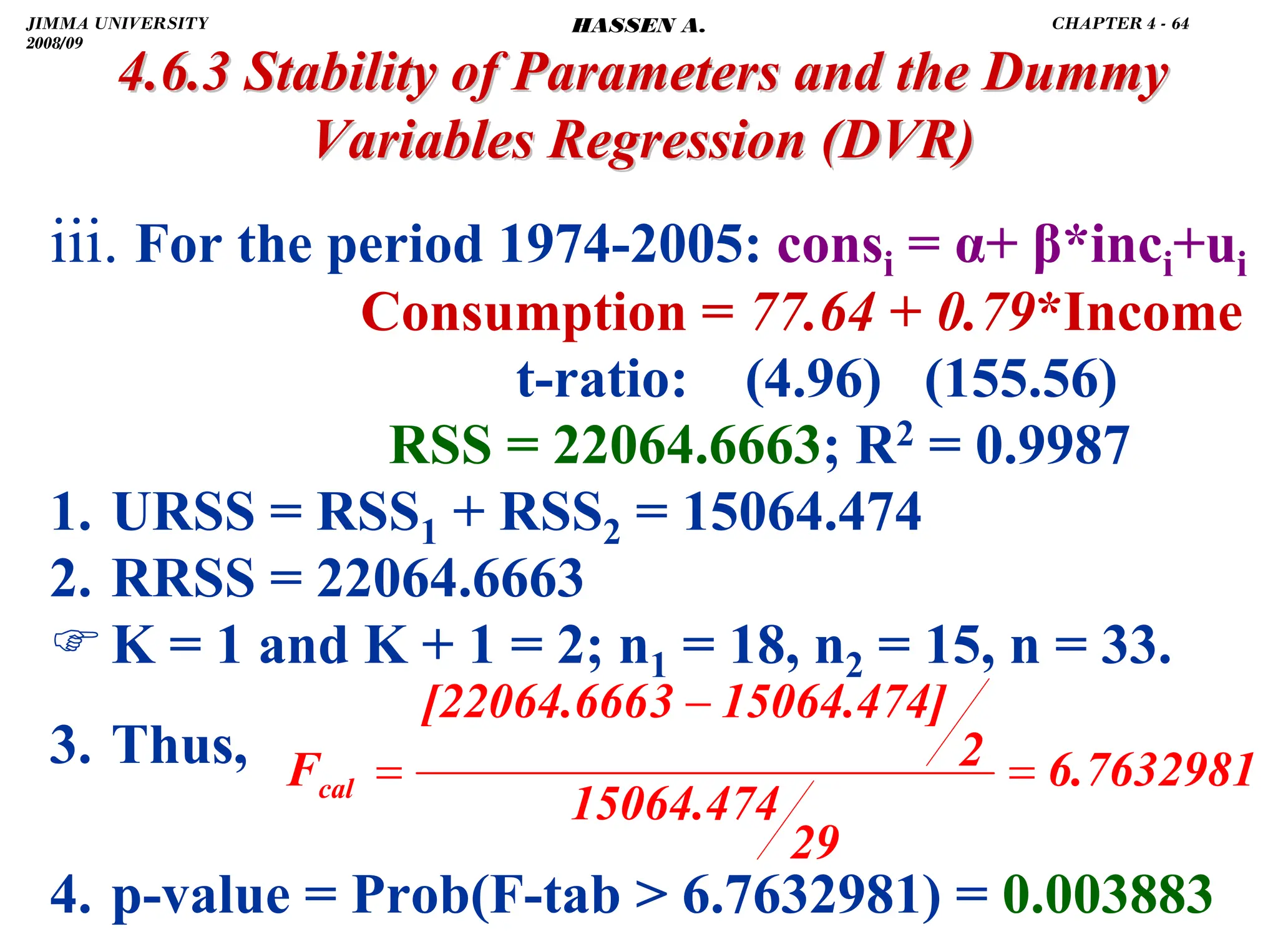 .
4.6.3 Stability of Parameters and the Dummy
4.6.3 Stability of Parameters and the Dummy
Variables Regression
Variables Regression (DVR)
(DVR)
iii. For the period 1974-2005: consi = α+ β*inci+ui
Consumption = 77.64 + 0.79*Income
t-ratio: (4.96) (155.56)
RSS = 22064.6663; R2 = 0.9987
1. URSS = RSS1 + RSS2 = 15064.474
2. RRSS = 22064.6663
)K = 1 and K + 1 = 2; n1 = 18, n2 = 15, n = 33.
3. Thus,
4. p-value = Prob(F-tab  6.7632981) = 0.003883
6.7632981
29
15064.474
2
15064.474]
3
[22064.666
Fcal =
−
=
JIMMA UNIVERSITY
2008/09
CHAPTER 4 - 64
HASSEN A.
 
