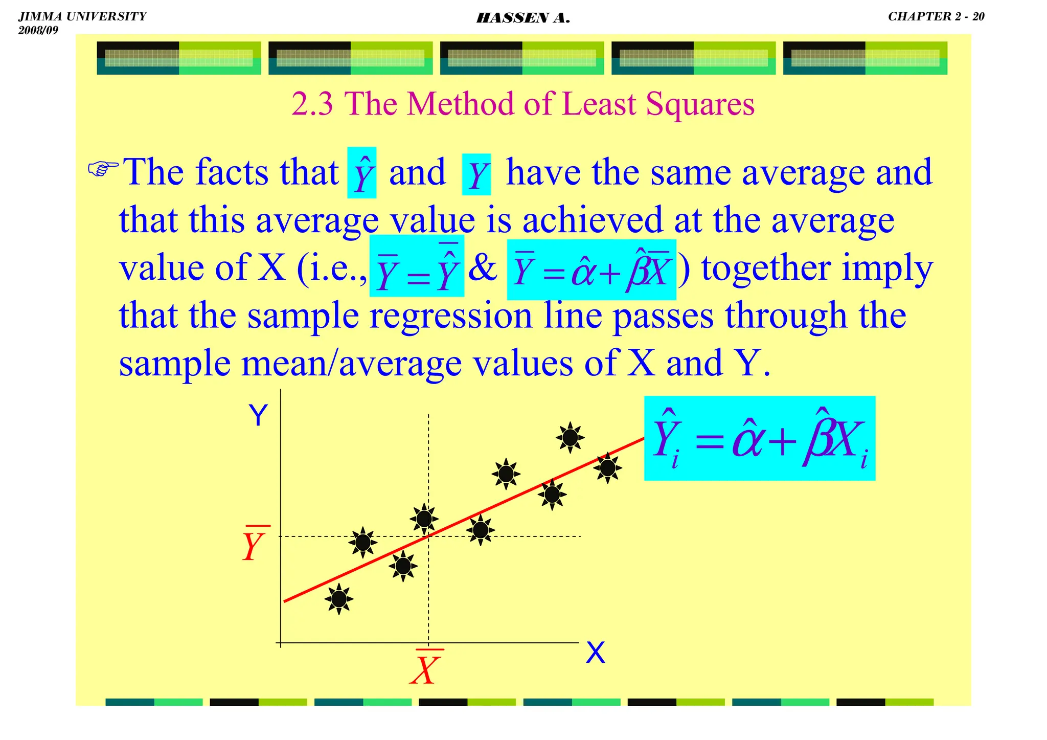 HASSEN ABDA
2.3 The Method of Least Squares
The facts that and have the same average and
that this average value is achieved at the average
value of X (i.e.,  ) together imply
that the sample regression line passes through the
sample mean/average values of X and Y.
Ŷ Y
Y
Y ˆ
=
i
i X
Y β
α ˆ
ˆ
ˆ +
=
X
Y
Y
X
X
Y β
α ˆ
ˆ +
=
JIMMA UNIVERSITY
2008/09
CHAPTER 2 - 20
HASSEN A.
 