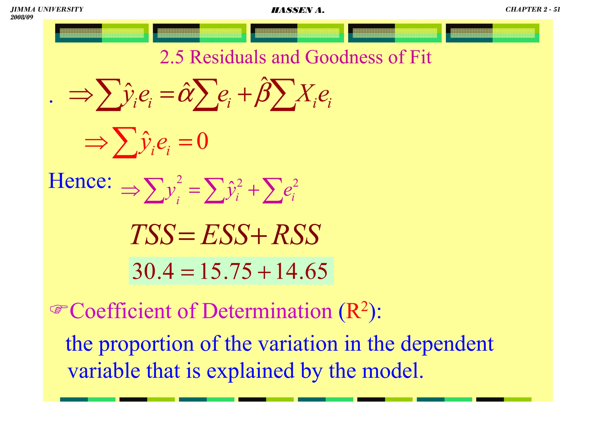 HASSEN ABDA
2.5 Residuals and Goodness of Fit
.
Hence:
Coefficient of Determination (R2):
the proportion of the variation in the dependent
variable that is explained by the model.
∑
∑
∑ +
=
⇒ 2
2
2
ˆ i
i
i
e
y
y
RSS
ESS
TSS +
=
∑
∑
∑ +
=
⇒ i
i
i
i
i e
X
e
e
y β
α ˆ
ˆ
ˆ
0
ˆ =
⇒∑ i
ie
y
65
.
14
75
.
15
4
.
30 +
=
JIMMA UNIVERSITY
2008/09
CHAPTER 2 - 51
HASSEN A.
 